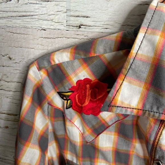Wrangler brown red floral plaid blouse top size large western - Picture 7 of 14